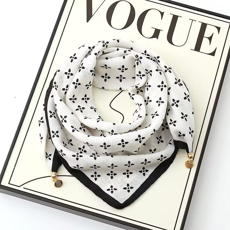 New Arrival Golden Ball Magnetic Buckle Scarf – Premium Cotton Linen Square Neck Scarf for Autumn and Winter, 65*65 cm, Effortless-to-wear Neck Wrap