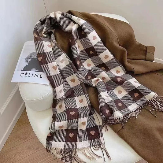 Viral-Style Two-Tone Heart Check Cashmere Scarf – Versatile, Soft and Cozy Large Shawl & Neck Warmer for Women, Ideal for Winter